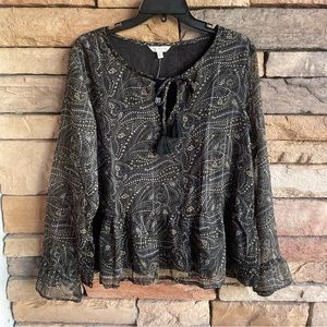 Lucky Brand black print semi sheer long sleeve peasant blouse top NWT M & L